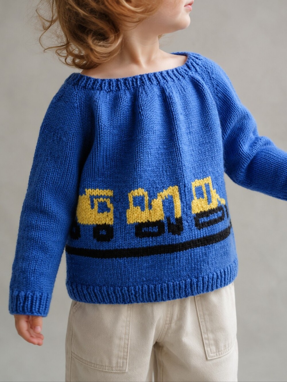 Blue Hand Knit Construction Trucks Toddler Sweater Estimated Size 2T